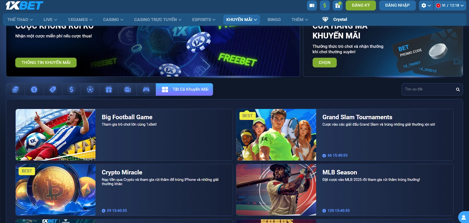 1xBet Promotions Page with Sports and Casino Offers